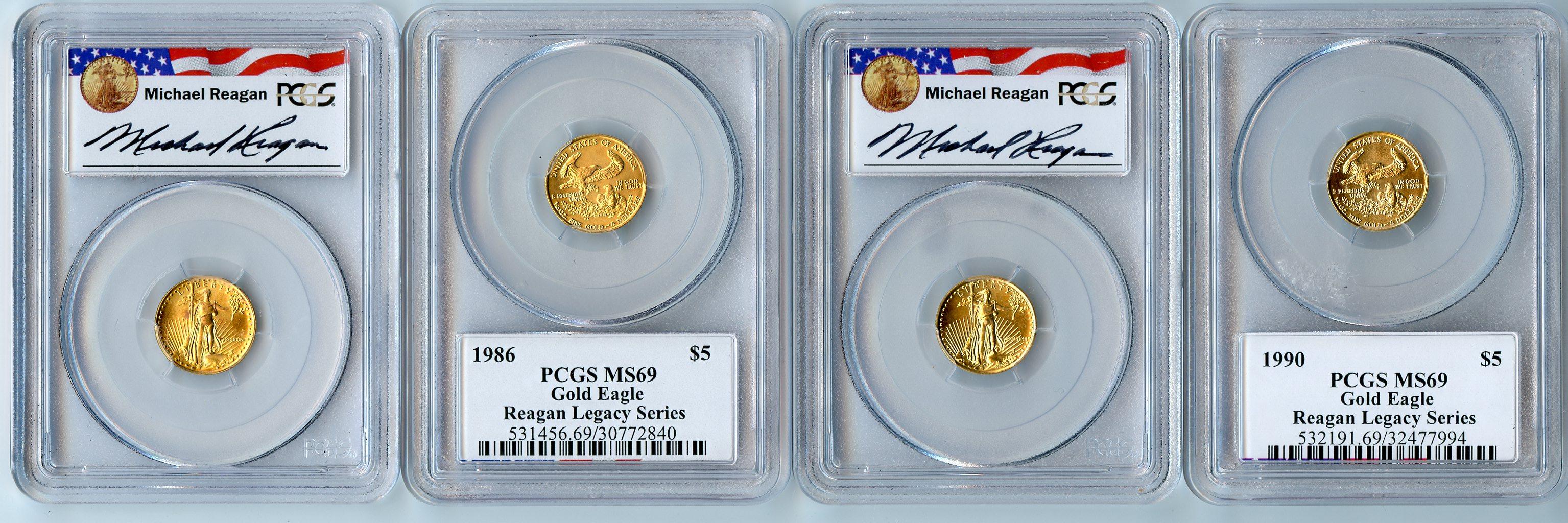 Gold $5 American Eagle 1/10th Ounce in PCGS MS 69 Michael Reagan Signature Holders Mixed Dates