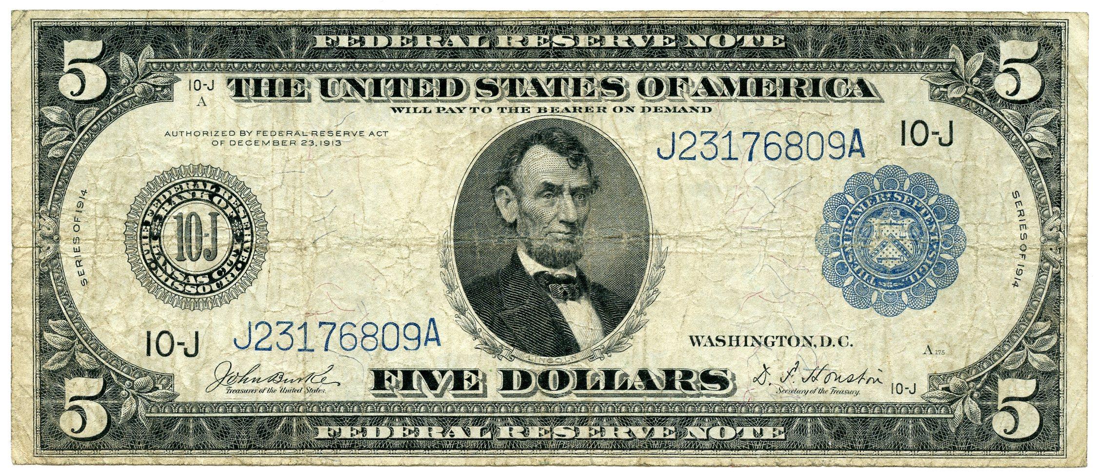 Five Dollar Bill Federal Reserve Note Blue Seal Large Size Series 1914 US Currency Good or Better