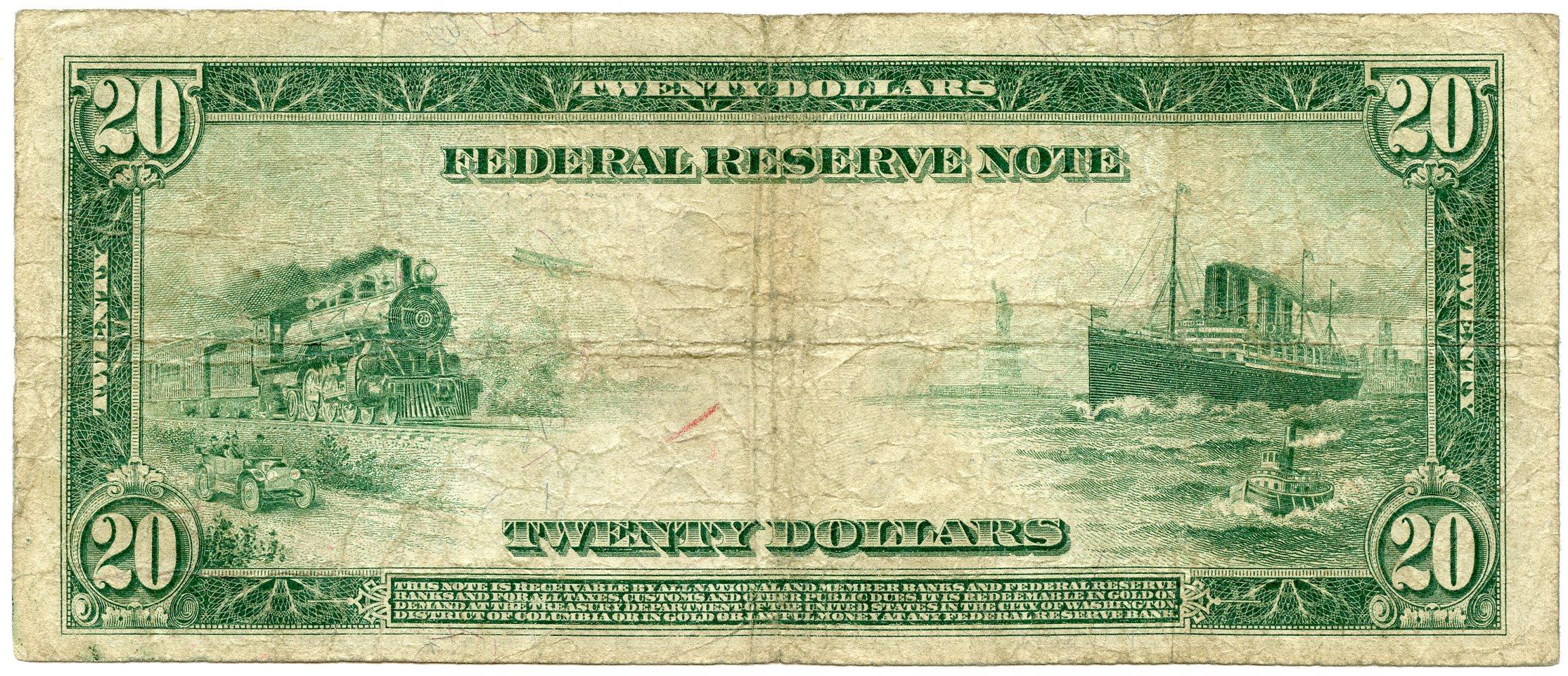 Twenty Dollar Bill Federal Reserve Note Blue Seal Large Size Series 1914 US Currency Good or Better