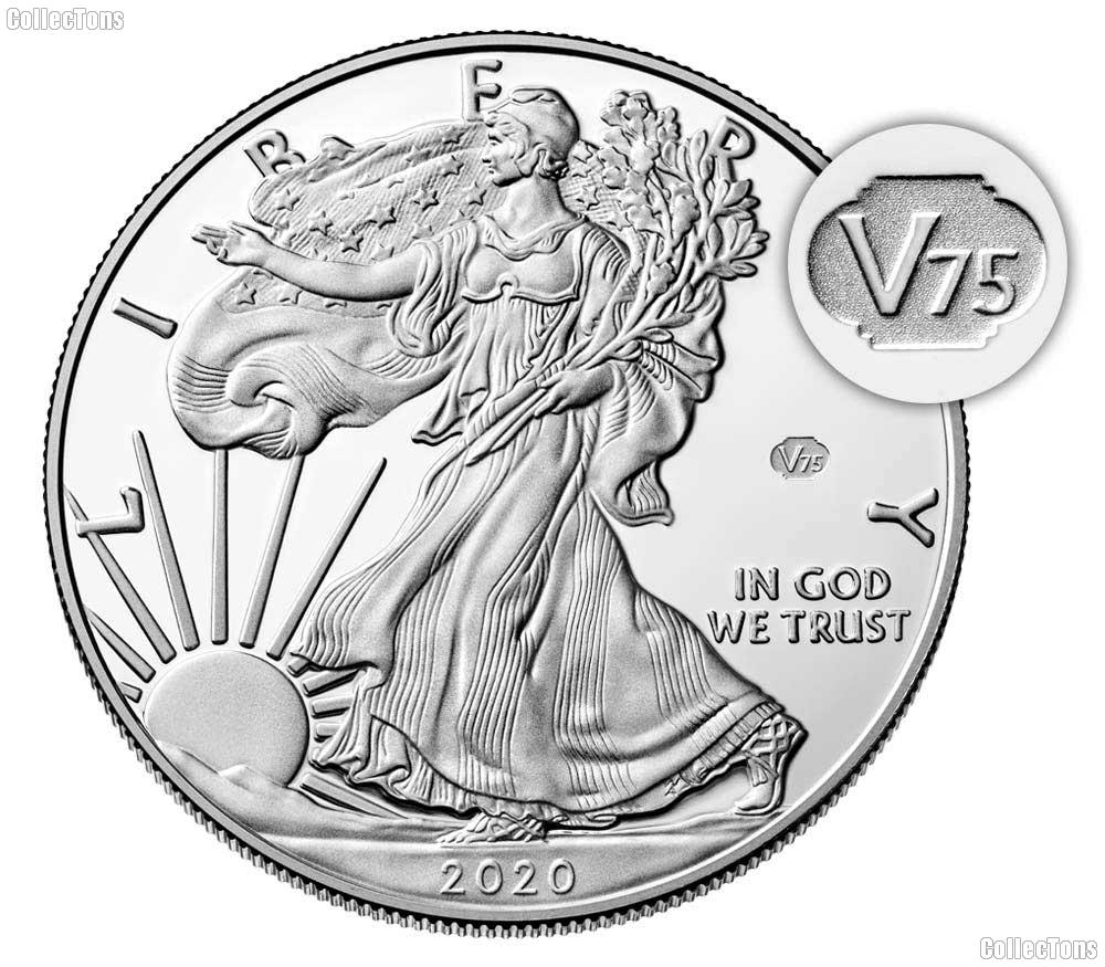 2020-W V75 End of World War II 75th Anniversary American Silver Eagle Proof Coin In Box with COA