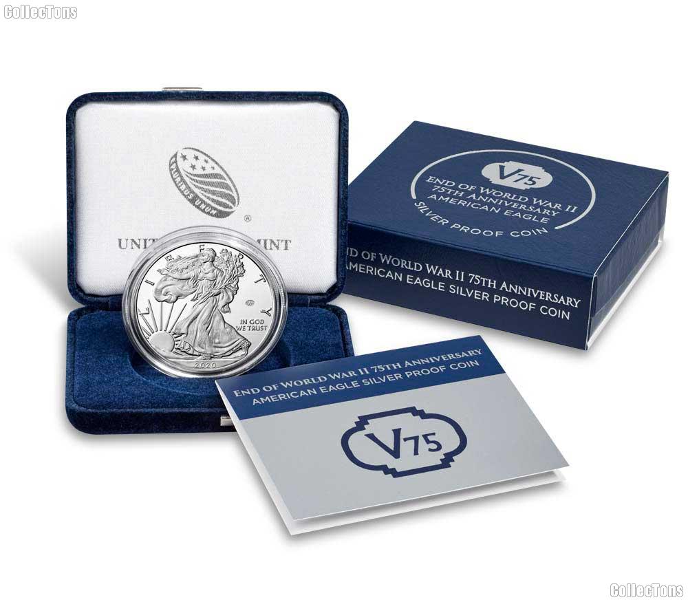 2020-W V75 End of World War II 75th Anniversary American Silver Eagle Proof Coin In Box with COA