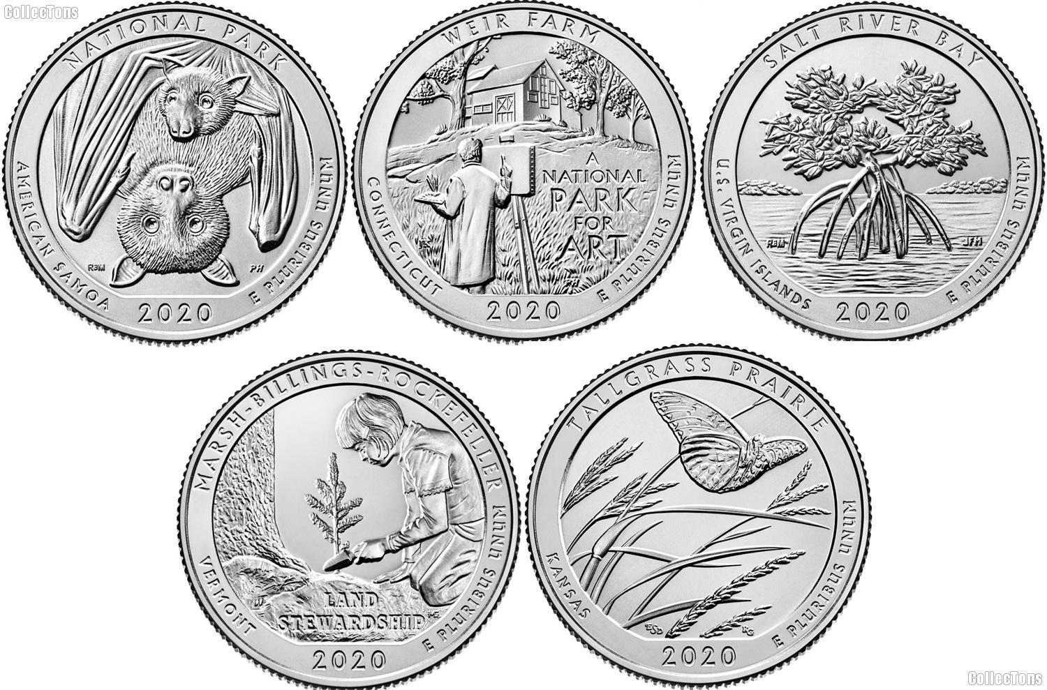 2020 National Park Quarters Complete Set Philadelphia (P) Mint Uncirculated (5 Coins) AS, CT, VI, VT, KS