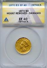 1870 $3 Gold Indian Princess Head in ANACS EF 40 Details