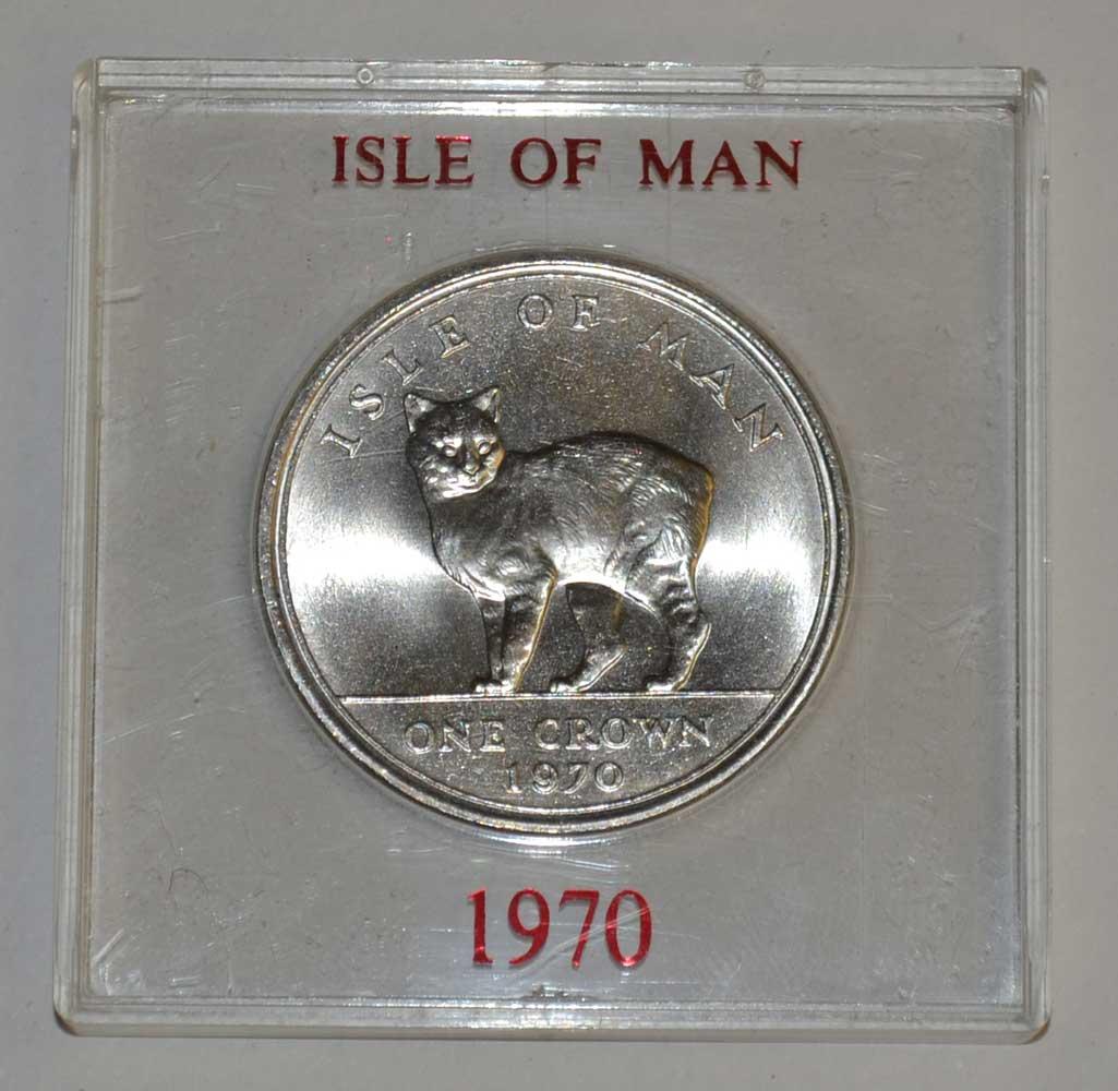 Isle of Man 1970 One Crown Manx Cat Uncirculated w/ plexiglass case