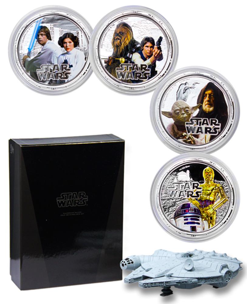 2011 Niue Star Wars  Millennium Falcon Set 1 oz Silver Colorized Proof $2 4 Coin Set GEM Proof