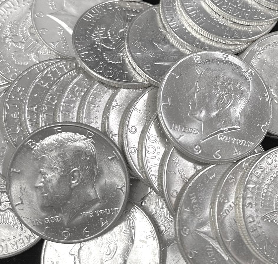 90% U.S. Silver Coins - 2 x 1964 Kennedy Half Dollars AU+/UNC - $1 Face Value Lots