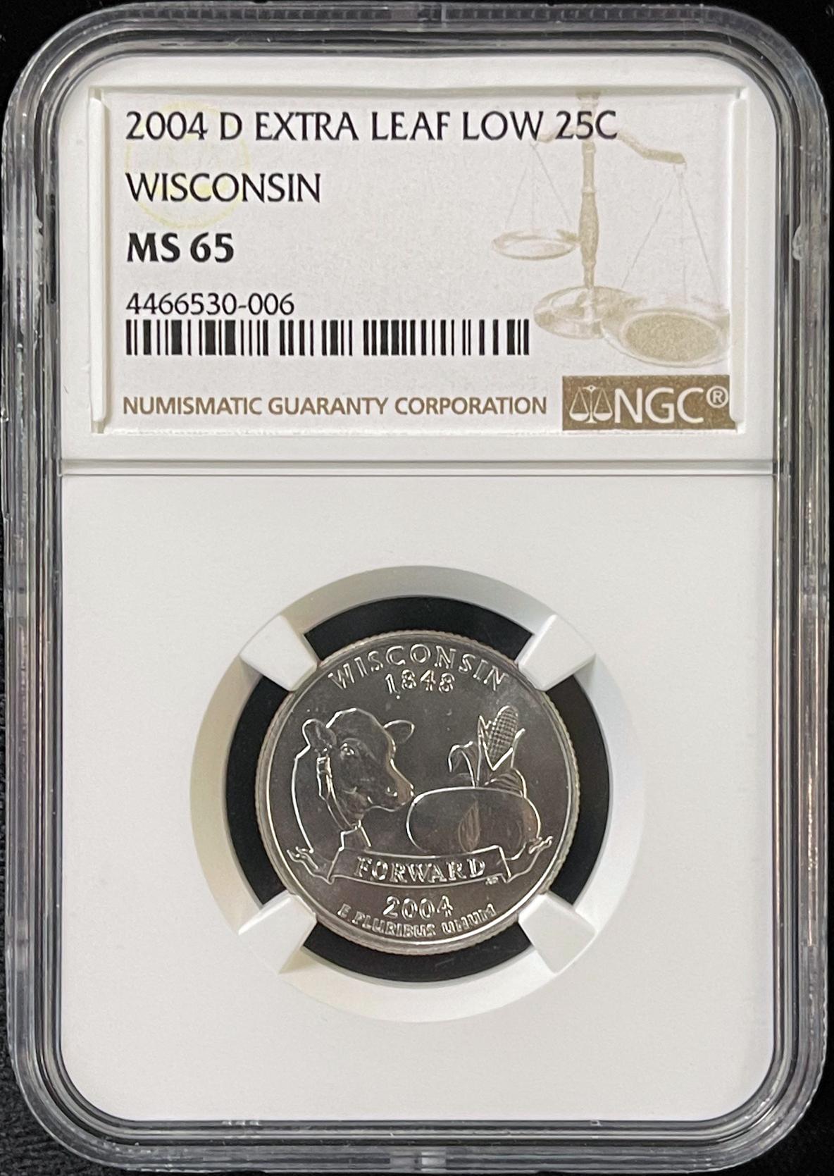 2004-D "Extra Leaf Low" Wisconsin Quarter in NGC MS 65