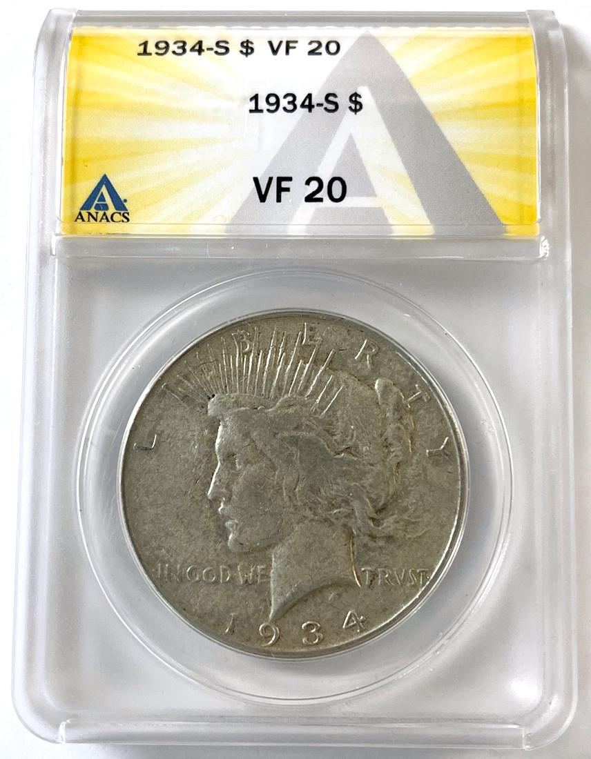 1934-S Key Date Peace Silver Dollar in ANACS VF-20