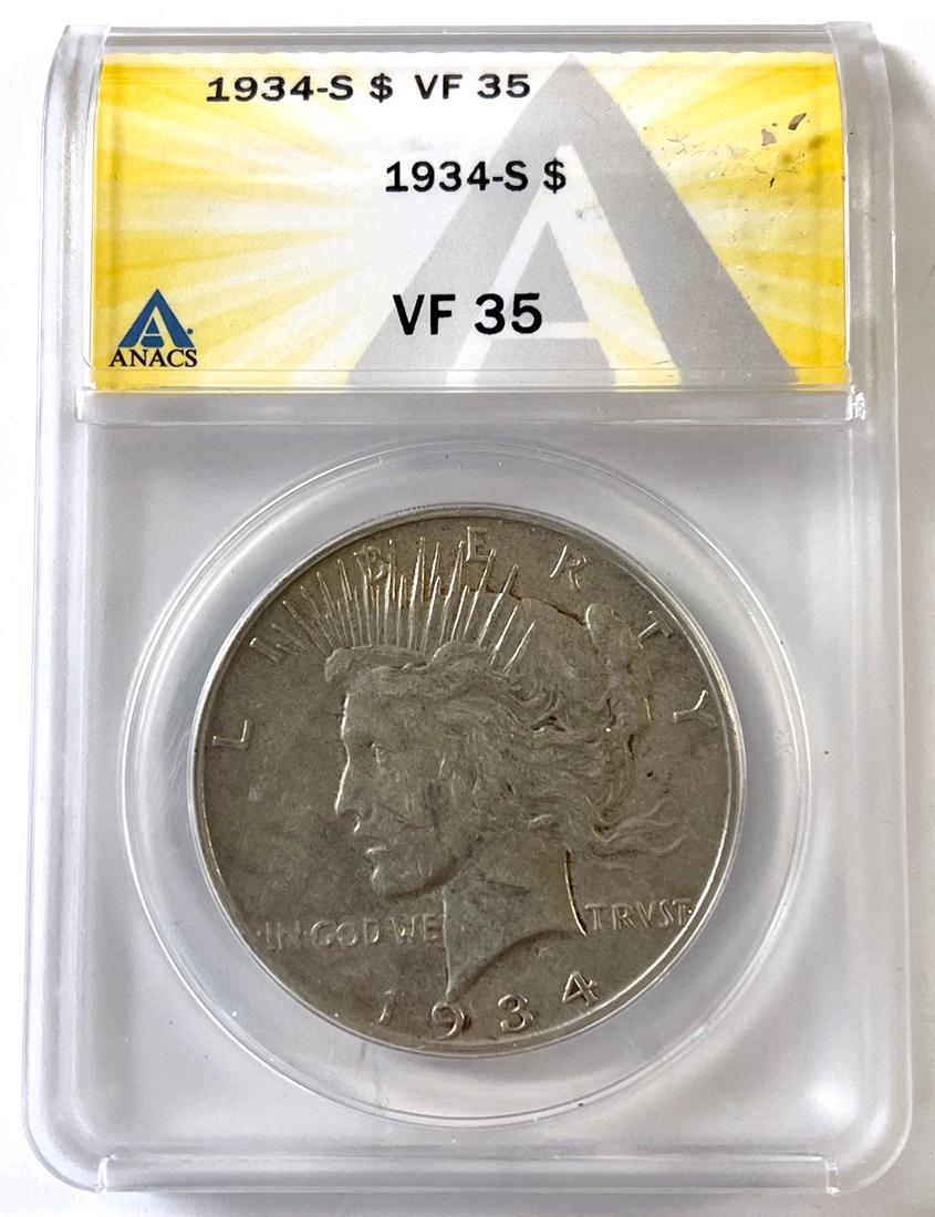 1934-S Key Date Peace Silver Dollar in ANACS VF-35
