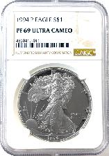 1994-P American Silver Eagle Dollar PROOF in NGC PF 69 ULTRA CAMEO