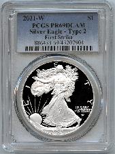 2021-W American Silver Eagle Dollar Type 2 PROOF in PCGS First Strike PR 69 DCAM