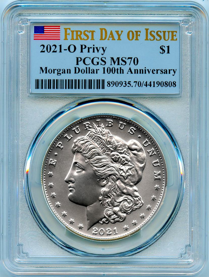 2021 Morgan Silver Dollar with O Privy Mark in PCGS MS 70 First Day of Issue