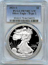 2021-S American Silver Eagle Dollar Type 2 PROOF in PCGS PR 70 DCAM