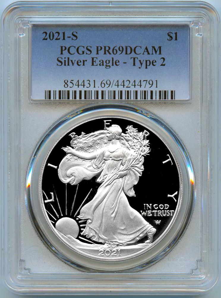 2021-S American Silver Eagle Dollar Type 2 PROOF in PCGS PR 69 DCAM