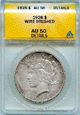 1928 Peace Silver Dollar KEY DATE in ANACS AU 50 Details Wire Brushed