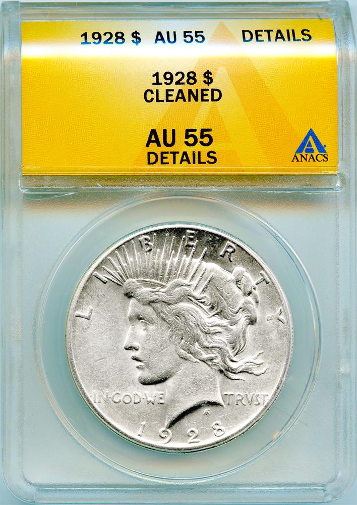 1928 Peace Silver Dollar KEY DATE in ANACS AU 55 Details Cleaned