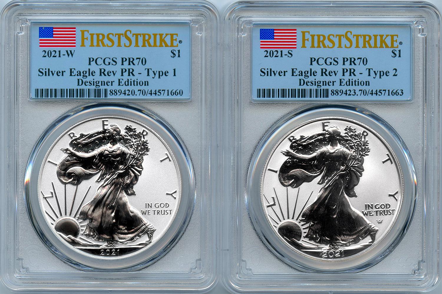 2021 American Silver Eagle Two Coin 1 oz Reverse Proof Set Designer Edition in PCGS First Strike PR 70