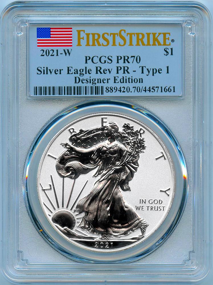 2021-W American Silver Eagle Dollar Type 1 REVERSE PROOF in PCGS First Strike PR 70