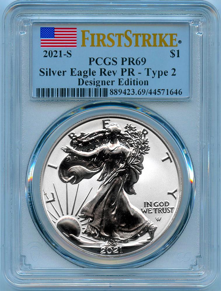 2021-S American Silver Eagle Dollar Type 2 REVERSE PROOF in PCGS First Strike PR 69