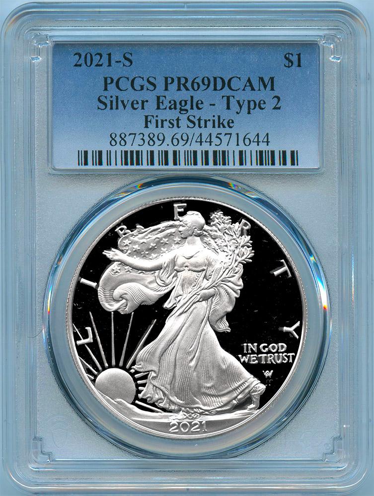 2021-S American Silver Eagle Dollar Type 2 PROOF in PCGS First Strike PR 69 DCAM