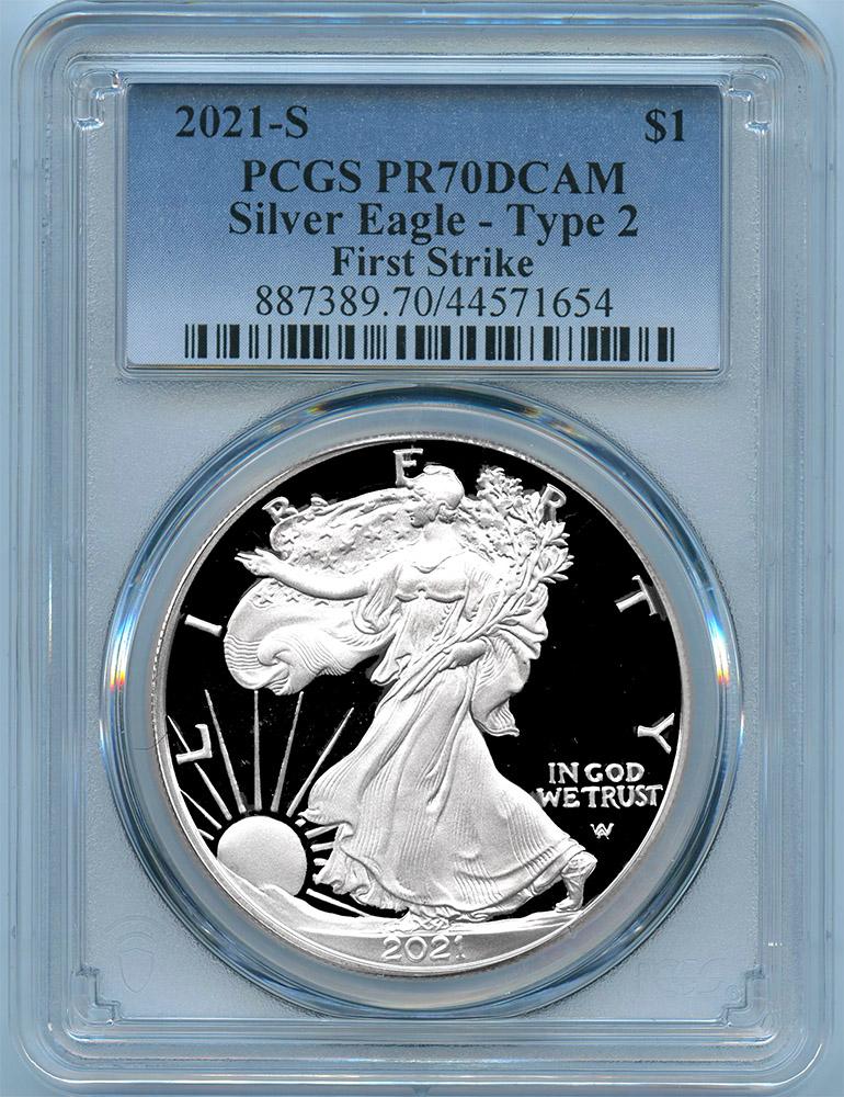 2021-S American Silver Eagle Dollar Type 2 PROOF in PCGS First Strike PR 70 DCAM