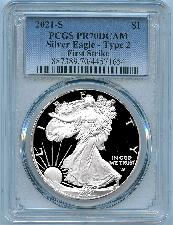 2021-S American Silver Eagle Dollar Type 2 PROOF in PCGS First Strike PR 70 DCAM