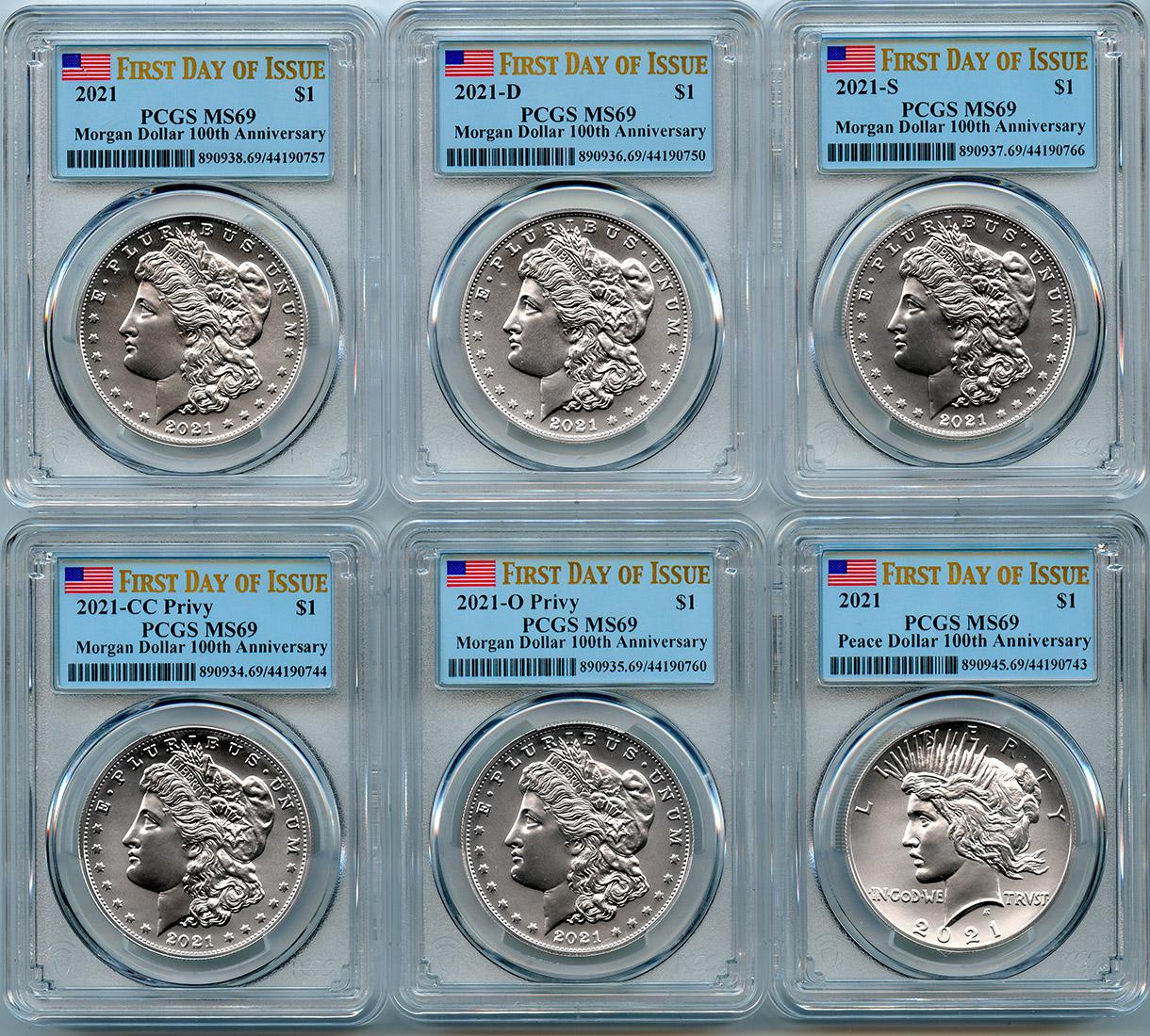 2021 Morgan and Peace Dollar 100th Anniversary 6 Coin Set PCGS MS 69 First Day of Issue
