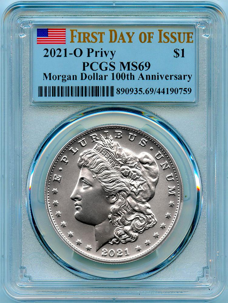 2021 Morgan Silver Dollar with O Privy Mark in PCGS MS 69 First Day of Issue