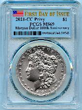 2021 Morgan Silver Dollar with CC Privy Mark in PCGS MS 69 First Day of Issue