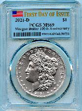 2021-D Morgan Silver Dollar in PCGS MS 69 First Day of Issue