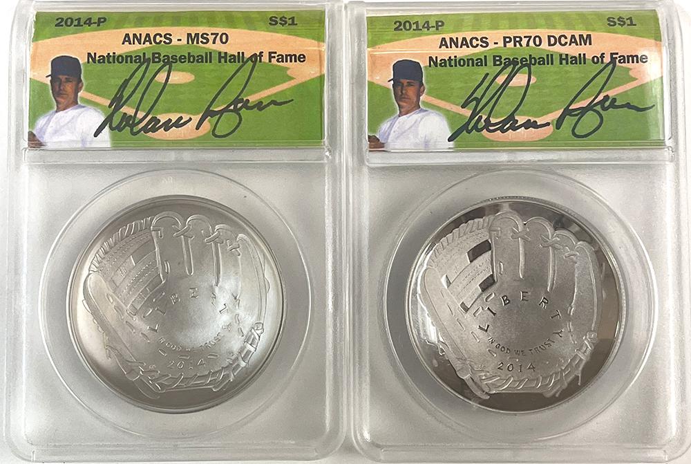 2014-P Commemorative Baseball Hall of Fame Silver Dollar Set, Signed by Nolan Ryan, ANACS Certified in MS70 & PR70