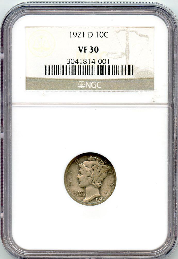 1921-D Key Date Mercury Silver Dime in NGC VF 30