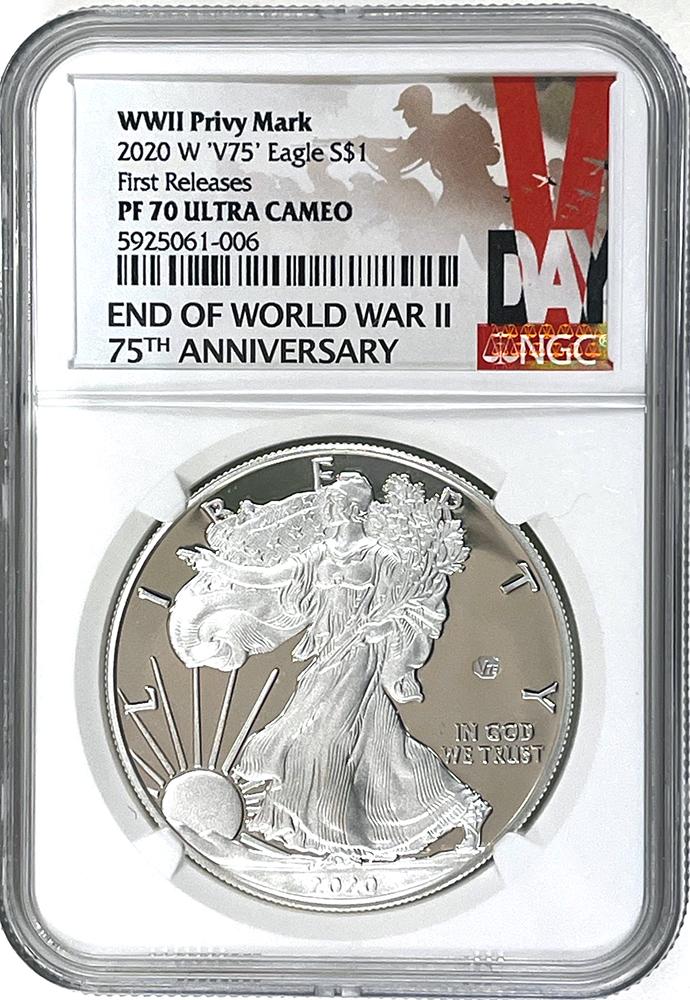 2020-W WWII V75 Privy American Silver Eagle Dollar PROOF First Releases NGC PF 70 ULTRA CAMEO