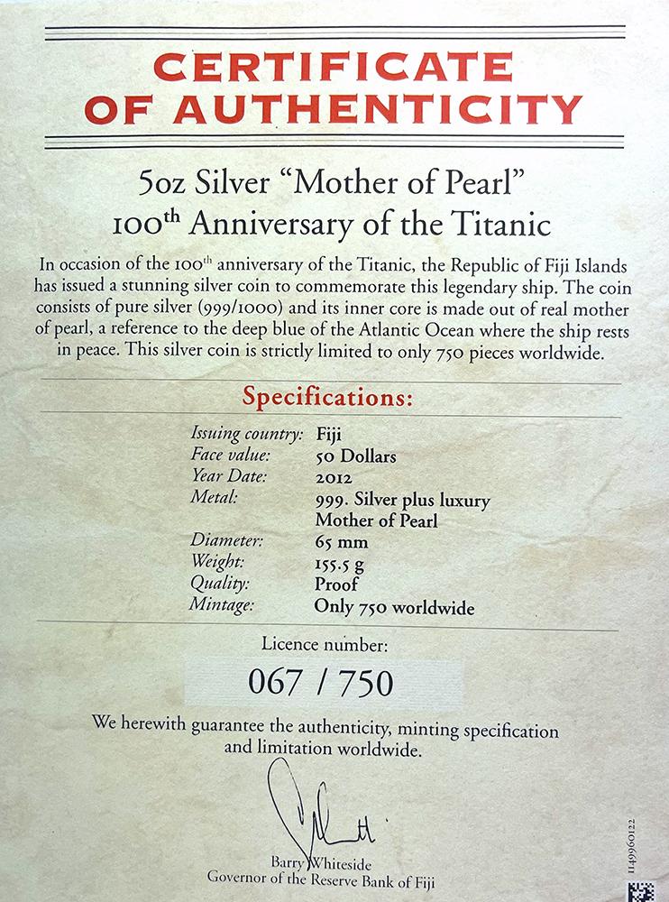 2012 Titanic 100th Anniversary Mother of Pearl $50 5oz Silver Proof Coin from Fiji