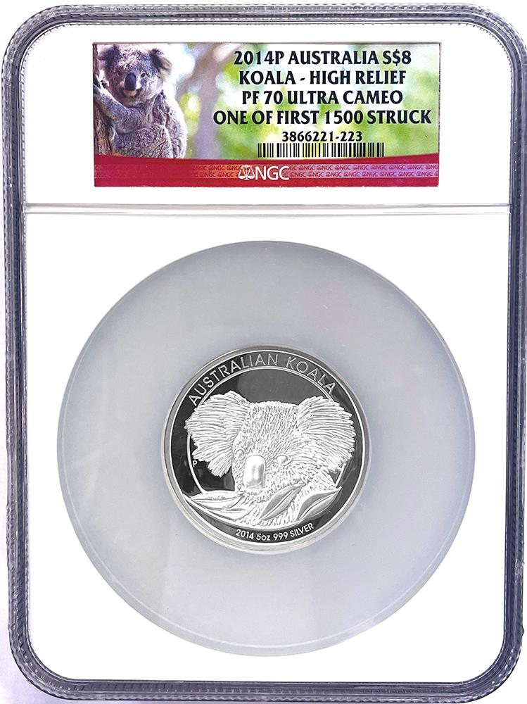 2014 P Australia Koala 5 oz Silver $8 High Relief  Proof Coin in NGC PF 70 UCAM 1 of First 500 Struck