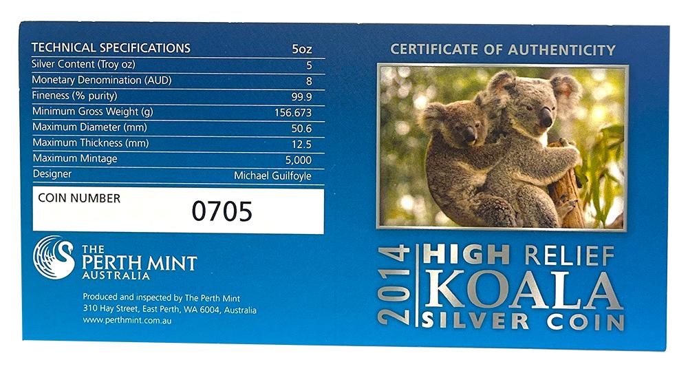 2014 P Australia Koala 5 oz Silver $8 High Relief  Proof Coin in NGC PF 70 UCAM 1 of First 500 Struck