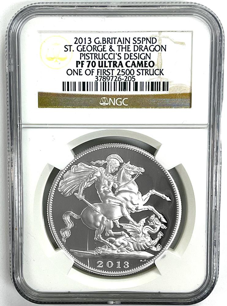 2013 Great Britain St George and the Dragon Silver Proof Coin S5PND in NGC PF 70 Ultra Cameo 1 of First 2500 Struck