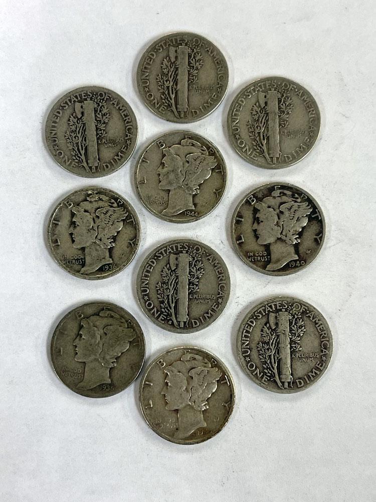 90% Silver Coins Pre 1965 1 Dollar Face Value 10 Different Mercury Silver Dimes