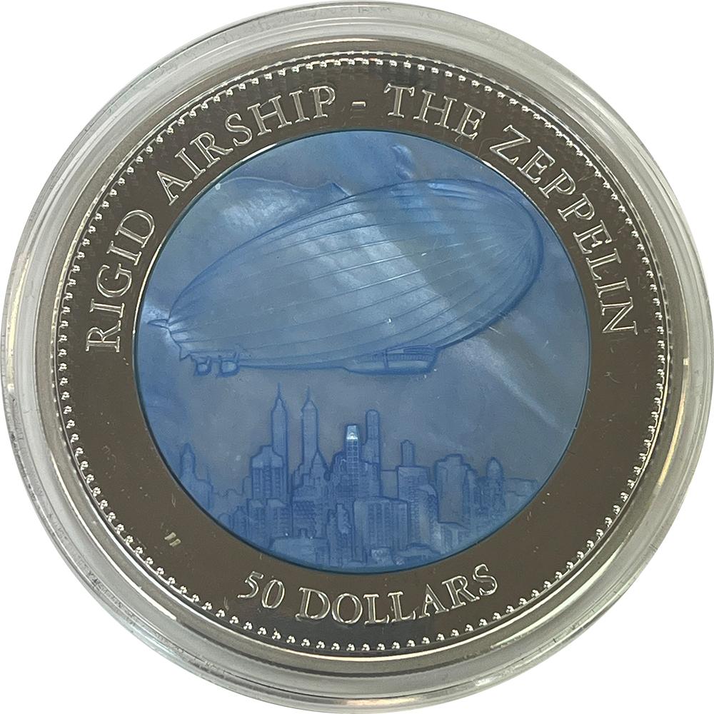 2013 Rigid Airship The Zeppelin $50 Cook Islands Silver and Mother of Pearl Proof Coin