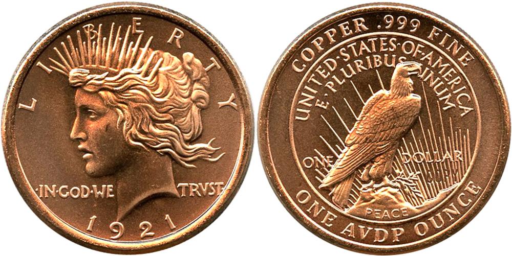 1921 Peace Dollar Design 1oz Copper Round .999 Fine