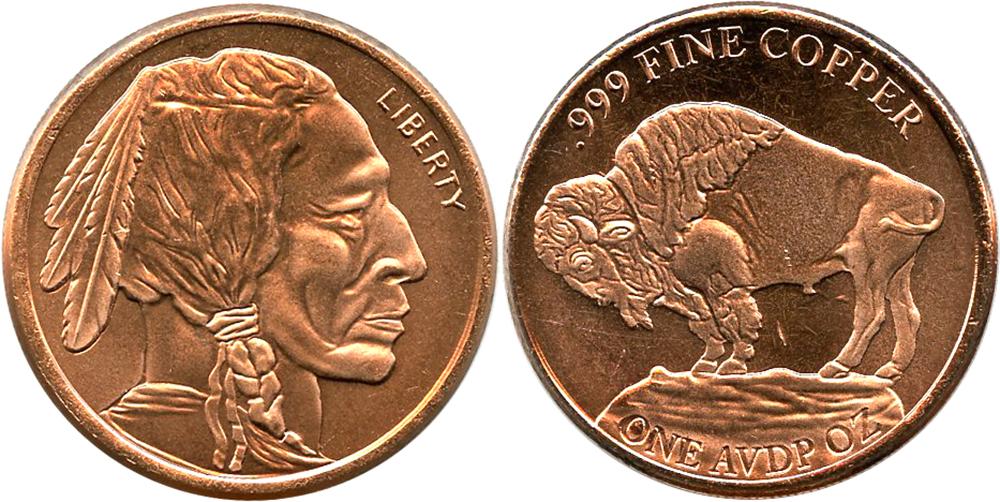 Buffalo Nickel Design 1oz Copper Round .999 Fine