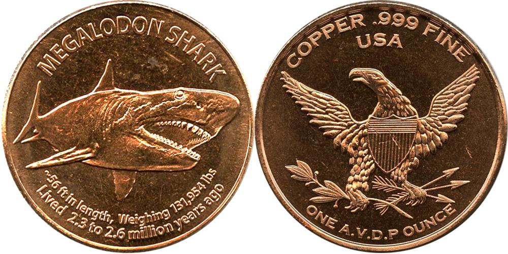 Megalodon Shark Design 1oz Copper Round .999 Fine