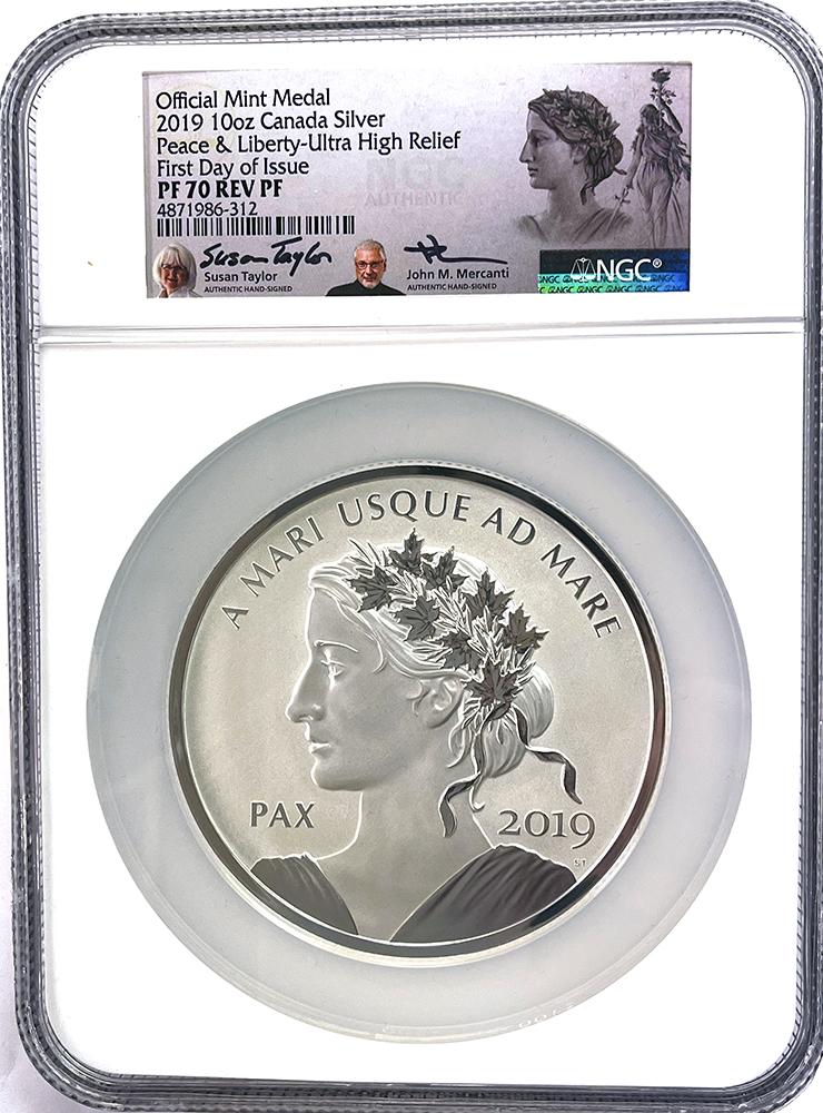 2019 10oz Canada Official Silver Mint Medal Peace and Liberty Ultra High Relief in NGC First Day of Issue PF 70 REV PF