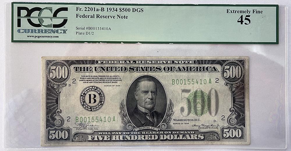 1934 Five Hundred Dollar Federal Reserve Note New York $500 in PCGS 45 Extremely Fine