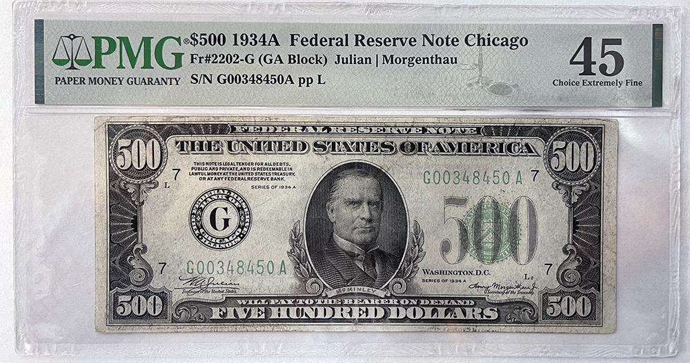 1934A Five Hundred Dollar Federal Reserve Note Chicago $500 in PMG 45 Choice Extremely Fine