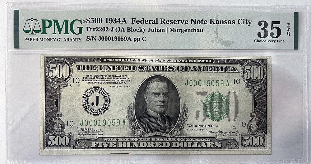 1934A Five Hundred Dollar Federal Reserve Note Kansas City $500 in PMG 35 Choice Very Fine EPQ