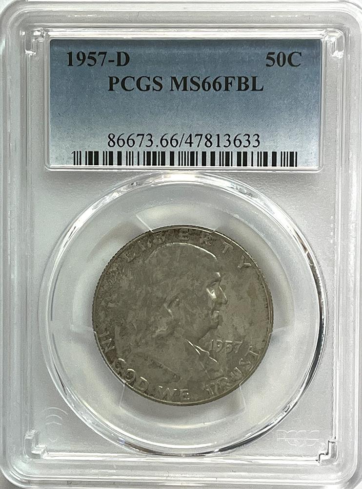 1957-D Franklin Silver Half Dollar PCGS MS 66 FBL (Full Bell Lines) From Original Mint Sets