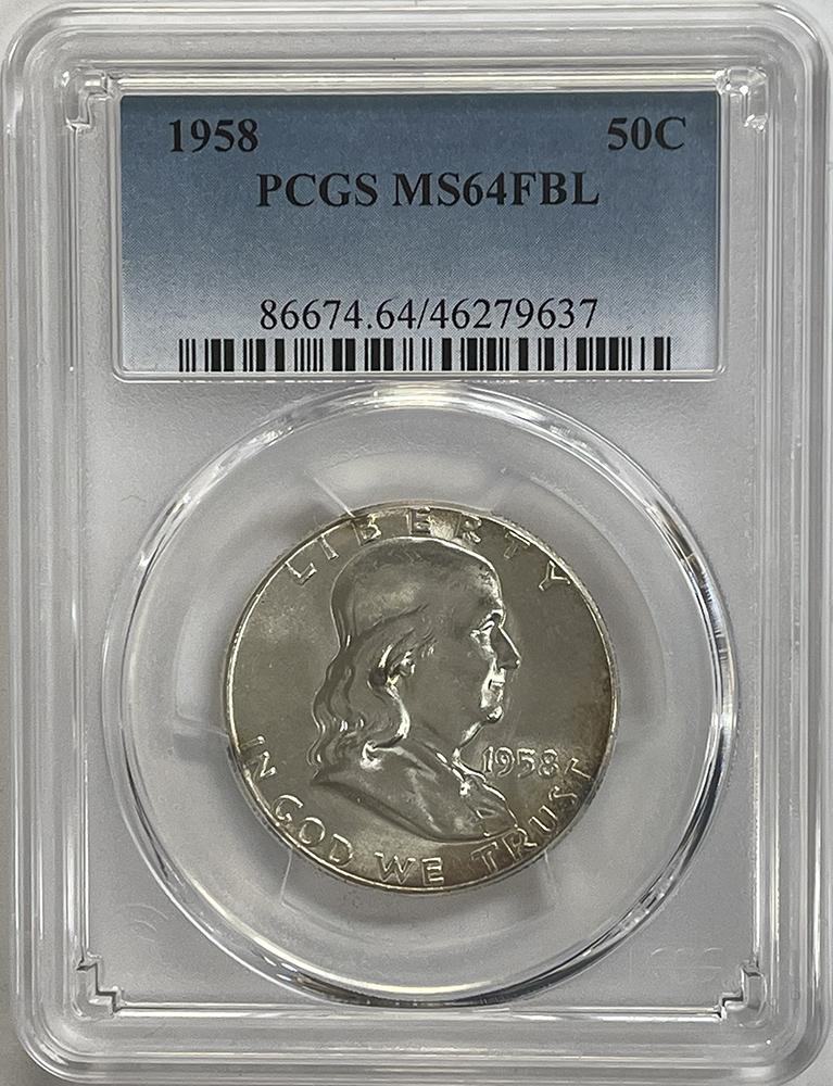 1958 Franklin Silver Half Dollar PCGS MS 64 FBL (Full Bell Lines) From Original Mint Sets