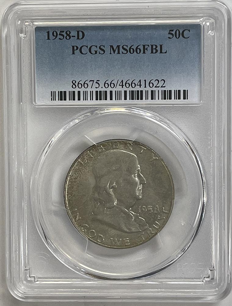 1958-D Franklin Silver Half Dollar PCGS MS 66 FBL (Full Bell Lines) From Original Mint Sets