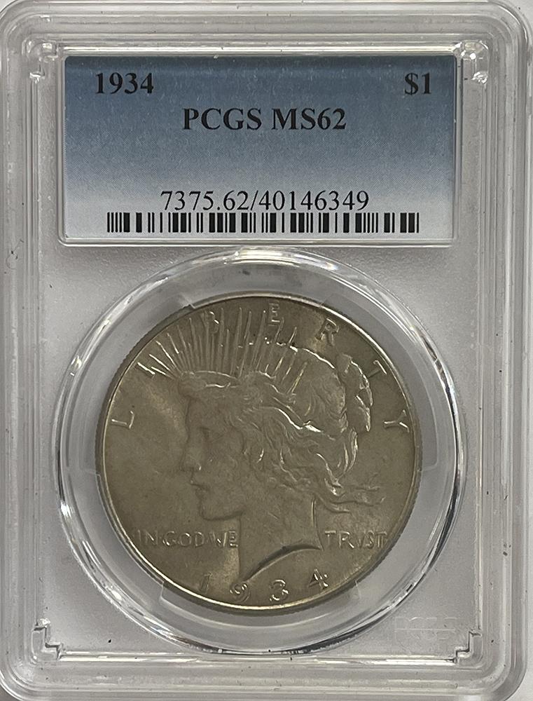 1934 Peace Silver Dollar in PCGS MS 62